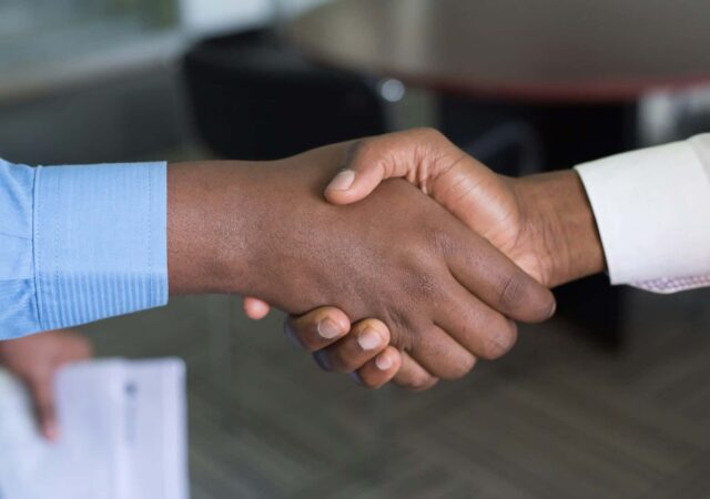 A person shaking hands with a financial adviser.
